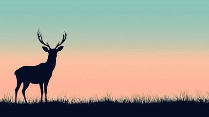   A deer stands tall on a green field beneath a pink and blue skyline