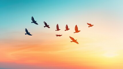 Obraz premium Flock of birds soaring through blue-pink sky at sunrise/sunset; birds in foreground