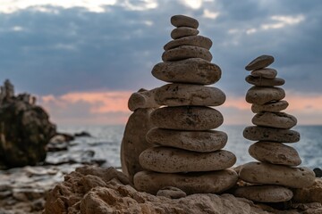 Rock Towers Beach Sunset - Two stone towers stacked on a beach with a sunset in the background.