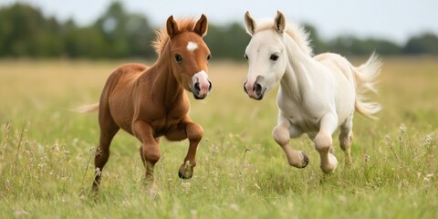 Obraz premium A heartwarming scene of two foals, one brown and one white, joyfully running together in a lush green pasture under a bright sky, showcasing their playful energy and innocence.
