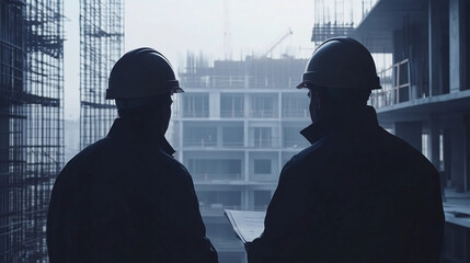 Team of construction specialists observing a building site expansion. Generative AI