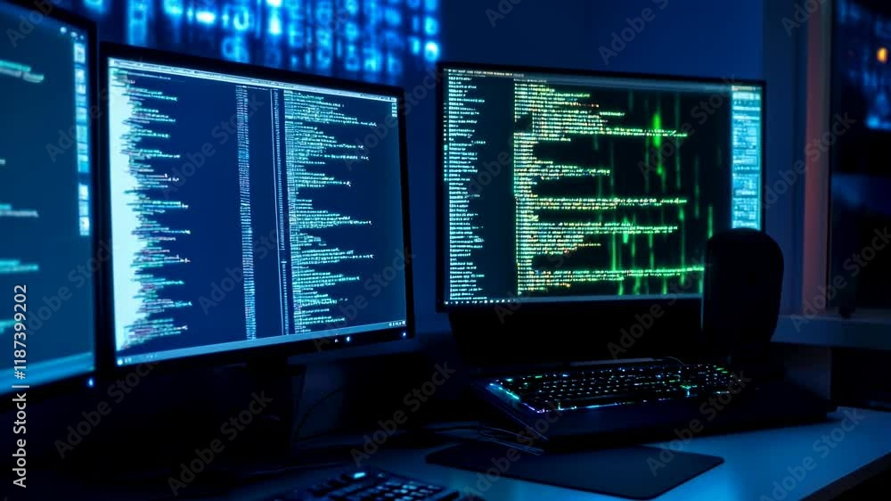 Poster Dark computer room with multiple monitors. Cybersecurity operation center. Software development workspace. IT and Tech industry concept