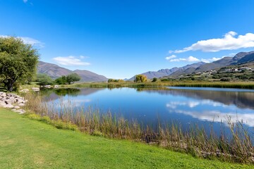 Calm mountain lake reflecting sky, tranquil nature scene, ideal for travel brochures
