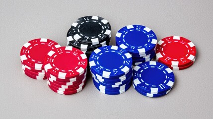 High-stakes poker game chips stacked on neutral surface gambling event indoor game room close-up view