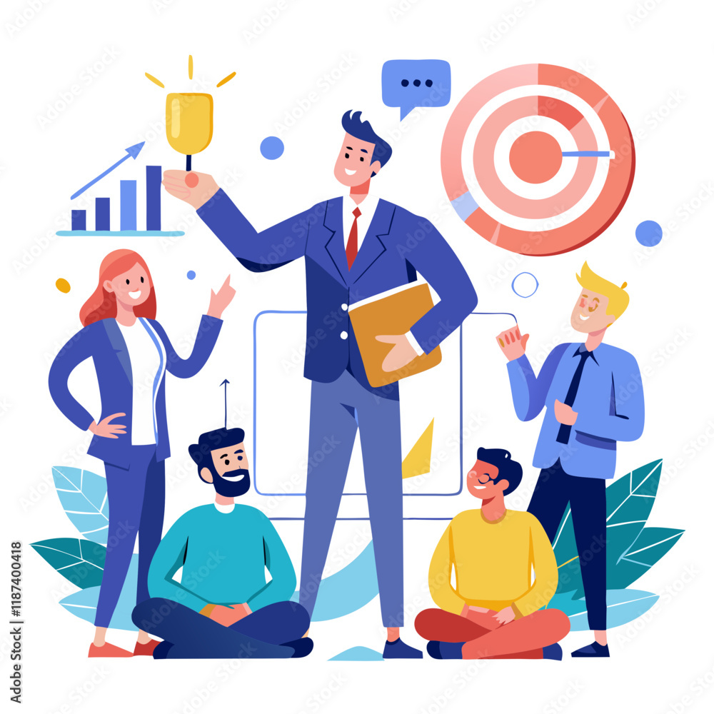 Poster a sales manager is actively engaging with his team, showcasing performance charts and targets while 