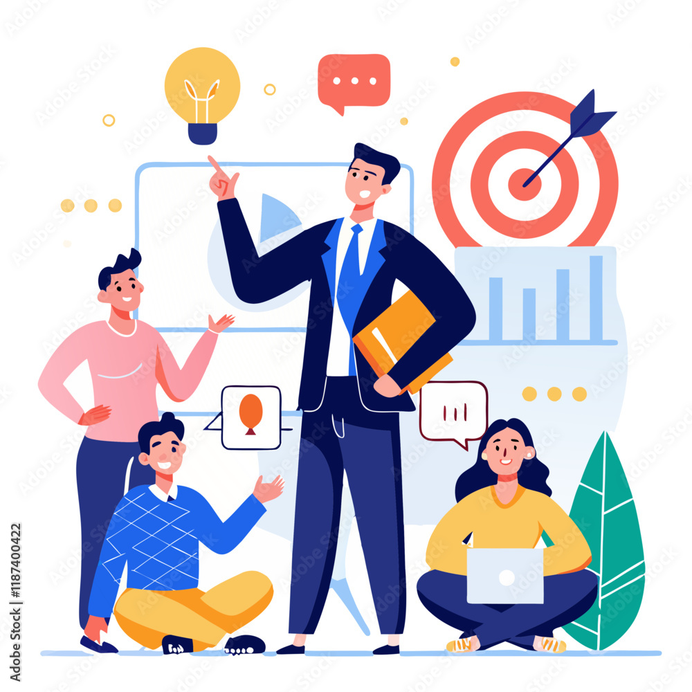 Poster A sales manager engages with a team by presenting performance charts and goals. Team members discuss strategies while focusing on metrics in a collaborative environment
