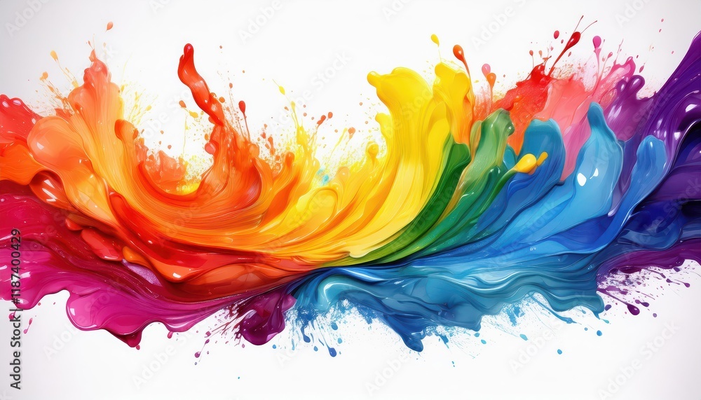 Poster vibrant rainbow splash artwork a kaleidoscope of colors dancing across a white canvas, showcasing th