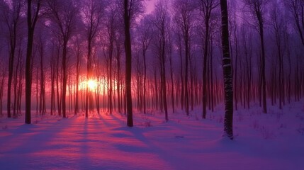 Fototapeta premium Purple winter sunrise over snowy forest with fog.