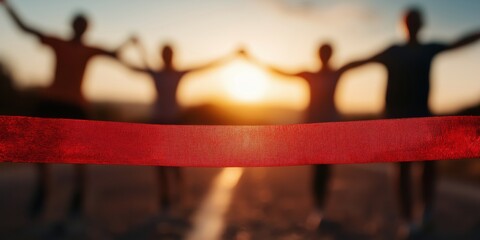 A group of runners joyfully celebrating their triumph at the finish line, their arms raised in victory while the sun sets in the background, capturing the essence of achievement.