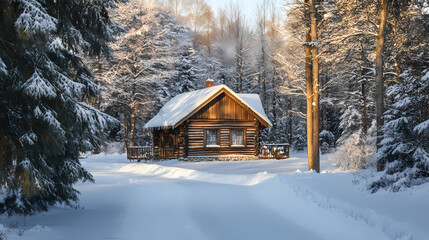 Charming log cabin in winter, surrounded by snowy trees, exuding warmth and coziness in a serene landscape. Snowbound. Illustration