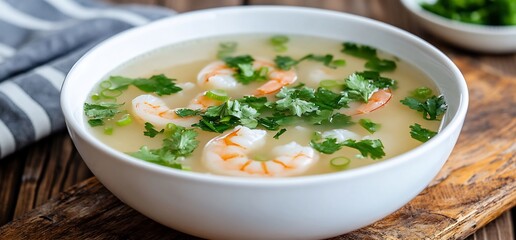 Shrimp soup bowl, wood background, garnish, menu