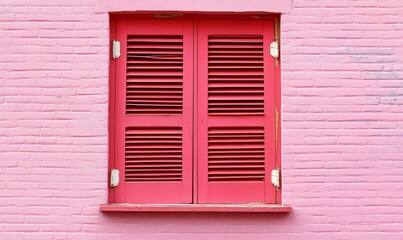 Obraz premium Pink brick wall, red shutters, closed window, urban texture, design