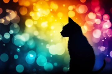 Black cat on rainbow background