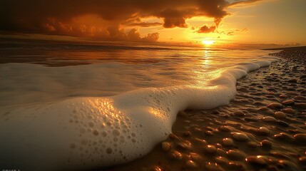 Obraz premium Ocean foam washes over seashells on beach at sunset.