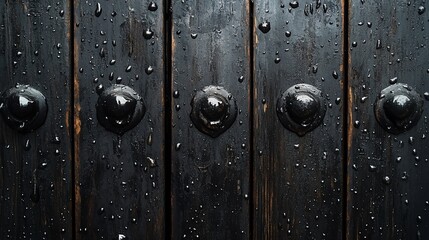 Obraz premium Dark wood planks with water droplets and metal studs.