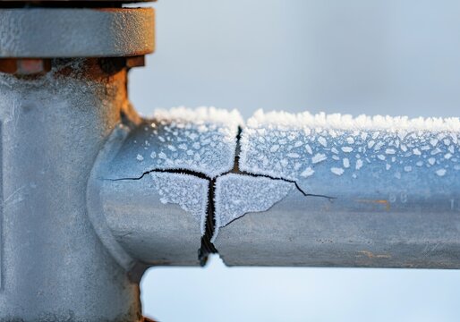 Close-up of a frozen and cracked water pipe covered in frost, highlighting the damage caused by extreme cold weather