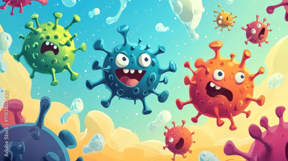 Poster cartoon viruses engage in a playful battle against antibodies in a colorful setting. generative ai