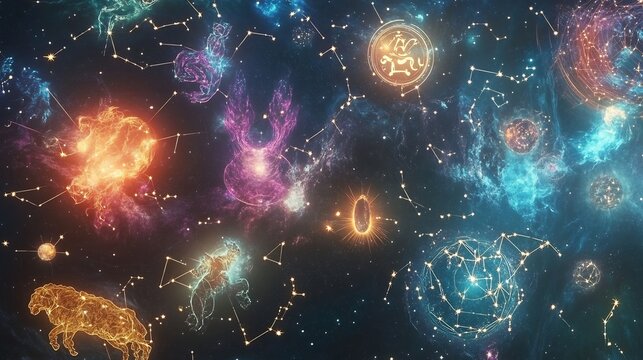 Zodiac signs depicted glowing constellations and intricate star patterns in a vibrant cosmic scene highlighting celestial harmony and astrological symbolism