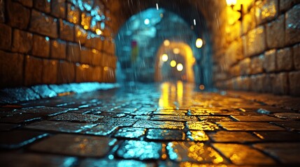 Rainy night in old city alley, glowing archway.