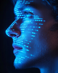 Portrait of a young man with blue light patterns projected on his face, highlighting his profile...