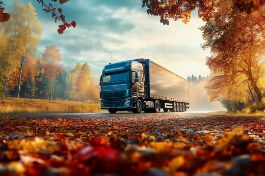 Truck on Autumn Road. A truck drives along a misty road surrounded by colorful autumn foliage, ideal for transportation themes.