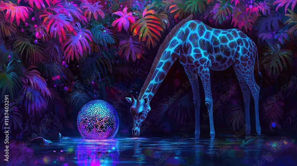 Poster giraffe by water with ball in foreground and trees in background