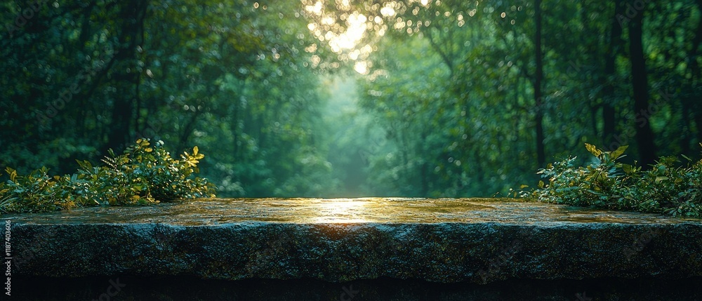 Poster empty stone surface with lush foliage in a misty forest. ideal for showcasing natural or mystical pr
