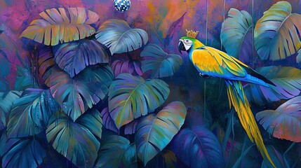 Fototapeta premium A portrait of a regally crowned parrot perched atop a leafy branch