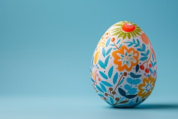 Hand-painted sustainable Easter egg with abstract floral pattern isolated on a soft blue gradient background