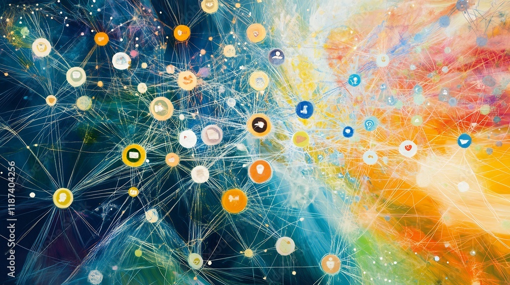 Poster Abstract visualization of employee engagement featuring symbolic node interwoven pattern representing teamwork collaboration