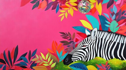 Obraz premium A zebra painting with a pink backdrop, leafy trees, and a disco ball on its head