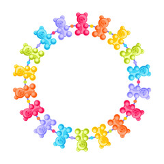 Plastic kids beads, rainbow Jelly bears funky bracelet. Diy beading 00s accessories. 90s style jewelry design, fashion children Y2K retro illustration. Round vector frame.