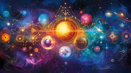 Dynamic depiction of cosmic harmony featuring planets aligned against starry sky adorned with intricate astrology symbols and mystical energy