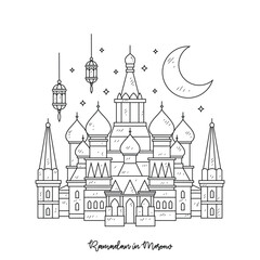 Simple sketch drawing of Ramadan Kareem illustration in Moscow. Ramadan Kareem themes in simple sketch concept design vector. Design with Mosque, building, g, lantern, moon, star and others ornament.s