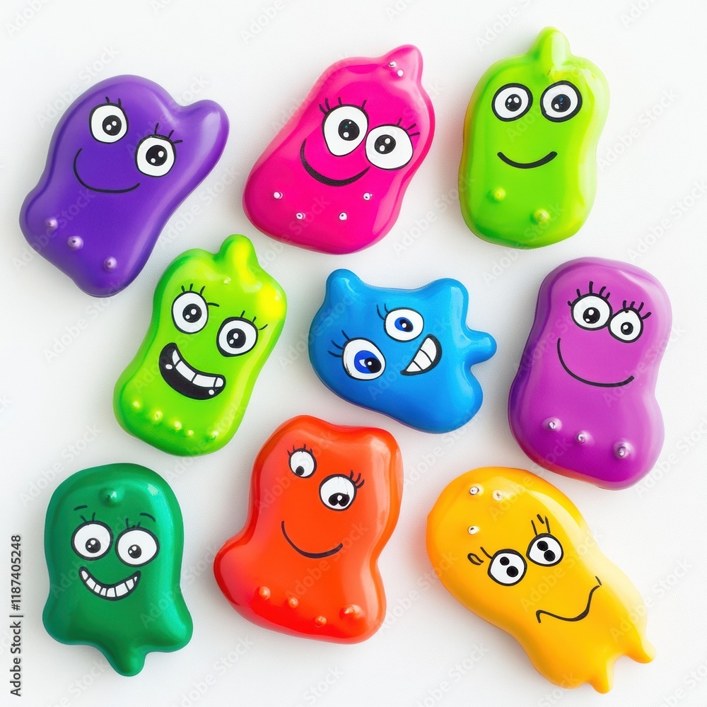 Poster Cheerful colorful microbes with bright smiles and expressive eyes on display for fun and educational activities. Generative AI