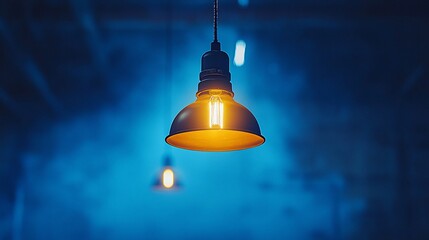 Obraz premium Glowing vintage pendant lamp against a blue background.