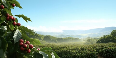 A stunning view of a coffee farm set against rolling hills and a clear blue sky, showcasing vibrant coffee cherries amidst a serene, natural environment.
