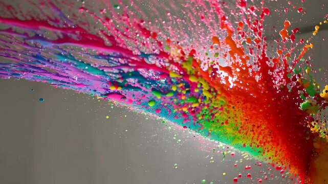 Rainbow paint generating dynamic arc shaped burst, exploding with vibrant colors against neutral gray backdrop, revealing fluid artistic motion