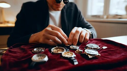 Experienced watchmaker wearing magnifying glasses carefully repairing vintage wristwatch inside traditional workshop, showcasing precision craftsmanship