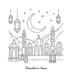 Fototapeta premium Simple sketch drawing of Ramadan Kareem illustration in Oman. Ramadan Kareem themes in simple sketch concept design vector. Design with Mosque, building, lantern, moon, star and others ornament.