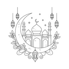 Simple sketch drawing of Ramadan Kareem vector illustration. Ramadan Kareem themes in simple sketch concept design vector. Design with Mosque, building, lantern, moon, star and others ornament.