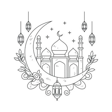 recommend clip art: Simple sketch drawing of Ramadan Kareem vector illustration. Ramadan Kareem themes in simple sketch concept design vector. Design with Mosque, building, lantern, moon, star and others ornament.