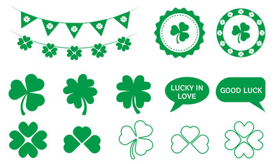 Set of vector elements for St Patrick's Day. Clover leaves, garlands, flags, frames, ribbons, speech bubbles, stickers, emblems and more.