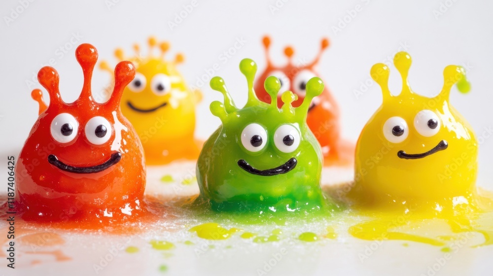 Poster bright cheerful microbes with expressive eyes and smiles showcase vivid colors in a lively gathering
