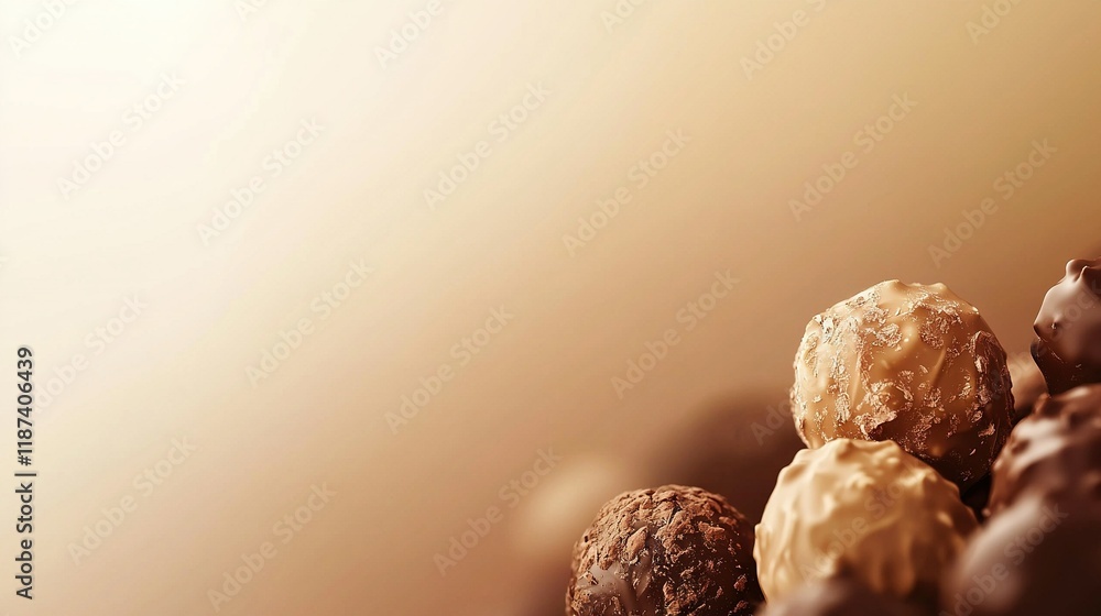 Poster an image of several chocolate pieces arranged on a countertop, with a hazy backdrop