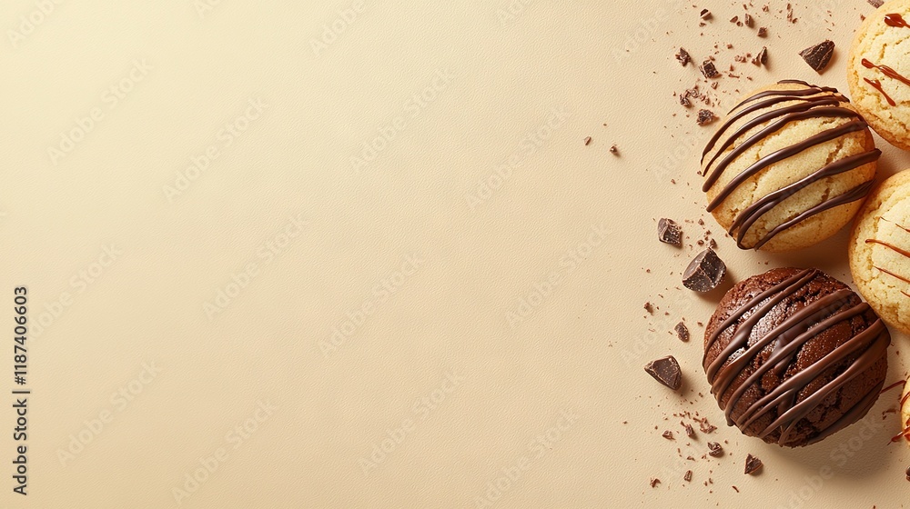 Poster a table topped with assorted pastries and a chocolate drizzle on one of them