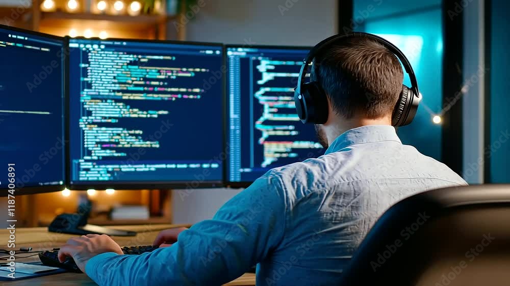 Poster developer focused on code at modern workspace with headphones