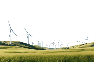 Wind turbines harnessing renewable energy in a lush green landscape under a clear blue sky