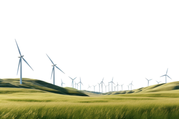 Wind turbines harnessing renewable energy in a lush green landscape under a clear blue sky
