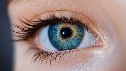 青と金の模様が輝く人間の目のマクロクローズアップ
